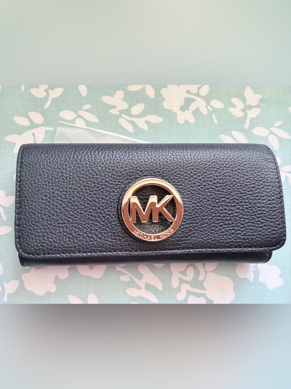 Michael Kors Black Pebbled Leather Key & Card Holder with Gold MK Emblem